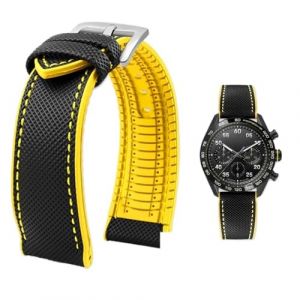 PctkeLsend Bracelet de montre &eacute;tanche en toile et caoutchouc for homme, 19-24 mm, compatible avec Breitling, Omega, IWC, Citizen, TUDOR et Hamilton(Black Yellow silverA,21mm) (PeiLINpppppp, neuf)