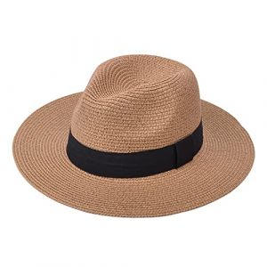 DRESHOW Femme Homme Chapeau de Paille Panama Chapeau Été Large Bord Chapeau de Soleil Anti-UV pour Plage Voyage Chapeau de Soleil (Dreshow, neuf)