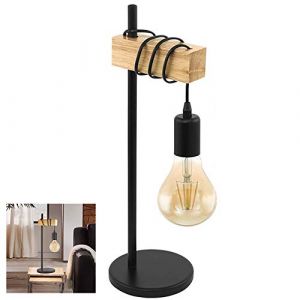 Lampe de bureau en bois et métal noir,lampe de table,style rétro-industriel, avec interrupteur sur le câble,E27 compatible LED,Lampe de chevet,Salle d'étude/chambre lampe décorative (Chao Zan Maoyi, neuf)