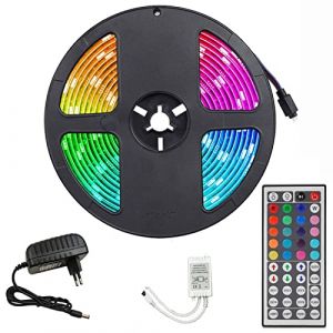 FOLGEMIR 5m Ruban de RGB LED, 5050 SMD 300 LED, kit complet avec t&eacute;l&eacute;commande 44 boutons et alimentation 12V, 16 couleurs au choix, &eacute;tanche IP65 pour l'&eacute;clairage de la d&eacute;coration (FOLGEMIR, neuf)