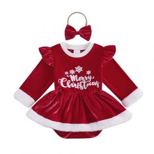 XIXIMAON Robe de Noël Bébé Fille Costume Père Noël Robe Princesse Rouge Déguisement Mère Noël Tenue de Fête Noël + Bandeau Enfant Fille (Rouge Lettre, 12-18 Mois) (qiyuesheng, neuf)