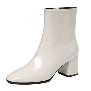 Woaikeyu Bottines Femme Talon Moyen Zipper Retro Courtes Bottes en Cuir Verni Mode Boots pour Femmes Fermeture &Eacute;clair T&ecirc;te Pointu Chaussons（Blanc 39）&821 (Liyukeji, neuf)
