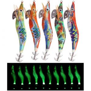 Leurre Lumineux pour Calamar Turlutte Leurre pour la P&ecirc;che Squid Jig Saltwater Glow Squid Lures, 5/10 pi&egrave;ces Crevette Jigs Fluorescents pour Calamars, Crevettes, Seiches et poulpes, Leurres de P&ecirc;che (EuJadsun, neuf)