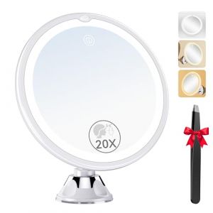 Auxmir Miroir Grossissant 20x Lumineux, Miroir Maquillage avec Ventouse sans Fil avec 3 Réglages D'éclairage LED, Grossissant 10Xr Salles de Bain et Voyage (Auxmir Direct, neuf)