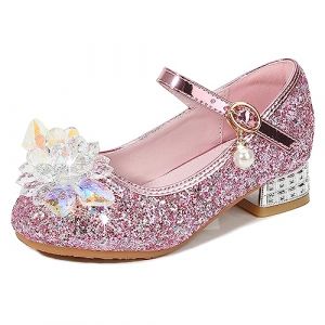 Eleasica Fille Chaussures de Princesse Elsa Reine des Neiges Chaussures pour D&eacute;guisement Cadeau Soir&eacute;e Mariage No&euml;l Carnaval Sandales &agrave; Talon Haut Bout Ferm&eacute; Cendrillon,Rose,28 (Eleasica, neuf)