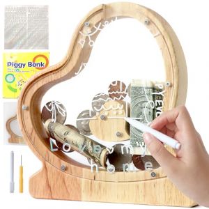 Lakpopya Tirelire en Bois pour Enfant Tirelire Cochon Personnalisée de Lettres A à Z Tirelire Billet Transparente Créative pour Cadeau Décoration Baptême pour Fille Garcon (Coeur-1) (Never fail, neuf)