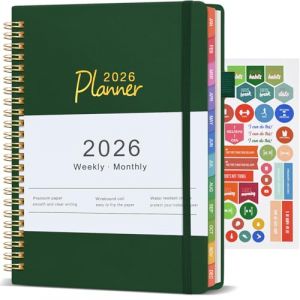 Agenda 2026 Semainier A5, Agenda Scolaire 2026 - Couverture Rigide Spirale, Agenda Journalier avec Poche, Porte-stylo Clip et Autocollants, D'Jan 2026 &agrave; D&eacute;c 2026-12 Mois, Anglais (Vert) (Jukibole, neuf)