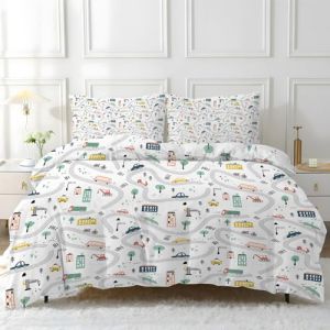 Linfye Housse de Couette 200x220 Garçon Voiture Blanche Imprimée Parure de Lit 2 Personnes, Sets de Housse Couette Couleur Réversible avec Fermeture Éclair avec 2 Taie d'oreiller 65x65 cm (Linfye Maison Confortable, neuf)