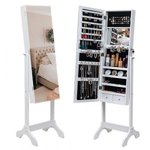 Alightup Armoire à Bijoux, Armoire avec Miroir sur Pied, Armoire de Rangement sur Pieds avec Tiroirs, Miroir Pleine Longueur, Organiseur à Bijoux Verrouillable, Blanc (VICTOPV, neuf)