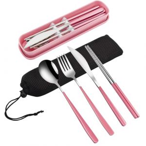 VANRA Lot de 4 couverts de voyage portables avec mallette de rangement, couverts en acier inoxydable r&eacute;utilisables avec fourchette, cuill&egrave;re, couteau, baguettes pour voyage, &eacute;cole, travail (Enkrio Direct, neuf)