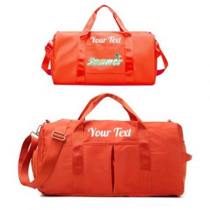 LINMQIU Sac de Sport personnalisé,Sac de Sport brodé personnalisé pour Femmes/Hommes,Sac de Voyage avec Personnalisation Recto Verso et Poches séparées pour Articles secs et humides-Orange (QIUFENGSHANGMAO, neuf)
