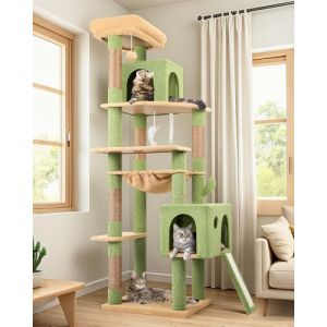 Globlazer Arbre a Chat Vert Cactus Grand Hauteur 178 cm avec Doux Hamac, 2 Grandes Niches, Plateforme, Pente Sisal Peluche, Jouets, Arbres &agrave; Chat Coin Solide pour Gros Chats Repos Jeu (F70 Pro, Vert) (Globlazer For Your Pet, neuf)