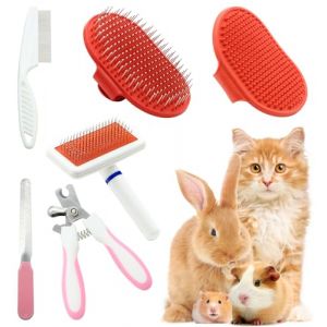 Set de toilettage pour lapin 6 pièces avec brosse à ongles, gant de toilette et de massage, coupe-ongles, lapin, chiot, chaton, cochon d'Inde, hamster, furet, petit animal de compagnie (rouge) (New Central Store, neuf)