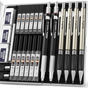 Nicpro 6 pièces porte mine, comprenant 4 crayons à dessin en métal de 0,3 mm, 0,5 mm, 0,7 mm et 0,9 mm, 2 porte-mines de 2 mm (2B HB 2H) pour croquis et dessin, avec étui de 12 tubes de recharge (NicproShop EU, neuf)