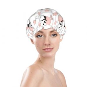 Bonnet de douche pour femme, r&eacute;utilisable, &eacute;tanche, double couche, bande &eacute;lastique, bonnet de bain pour cheveux longs, bonnet de bain pour cheveux panda, c&oelig;ur (JinRui-EU, neuf)