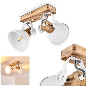 Plafonnier Orny 2 ampoules avec spots r&eacute;glables, plafonnier en m&eacute;tal/bois blanc/marron, 2 douilles E27, Spot au design r&eacute;tro/vintage, ampoule(s) non incluse(s) (hofstein, neuf)