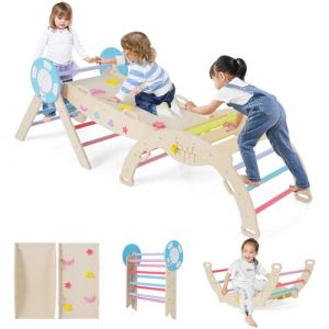 GOPLUS 7 en 1 Triangle Escalade Montesorri pour Enfants 1 Ans+, Parcours Montesorri Bebe Bois Pliable avec Arche, Rampe, Corde&Échelle, Pont, Aire de Jeux Intérieur (Capitaine|7 en 1,Multicolore) (Augenstern24, neuf)
