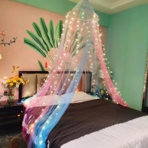 Eimilaly Ciel de lit Bicolore moustiquaire Rose Bleu avec lumières Chaudes, Ciel de lit pour Fille décoration de Chambre, Porte Unique (Aimilaly, neuf)