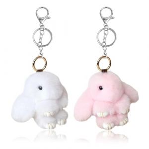 2PCS Adorable Porte-cl&eacute;s Lapin en Pluh,Cl&eacute;s En Fausse Fourrure Porte Cl&eacute;s Mignon En Peluche Lapin Porte,D&eacute;coration de Pompon en Peluche (Blanc et rose clair) (XL LONG TRADE LTD, neuf)