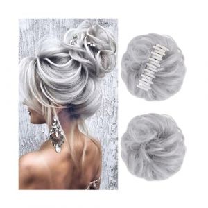 Clip en Chignon Griffe Postiche synthétique à pince for Chignon salissant, postiche ondulée et bouclée, Extensions de queue de cheval, chouchou for femmes Postiche Messy Bun ébouriffé(Grigio) (huhaoranmeiguo, neuf)
