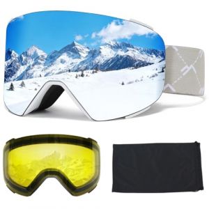 Masque de Ski avec Magn&eacute;tique Lentille Interchangeable,YH693C Lunettes de Ski OTG pour Unisexes Ajustables Anti Bu&eacute;e Coupe-Vent Anti-UV Lunettes de Snowboard pour Ski (04-Argent/Blanc+Lentille) (VCOROS EU, neuf)