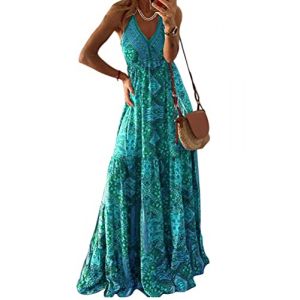 seiveini Boho Robe de Plage Longue Femme Robe Ete sans Manches Ample Robe à Fleurs Col en V Chic Elegant Maxi Robe Fluide Rétro Robe Tunique Taille Haute A Bleu M (BgandDesign, neuf)