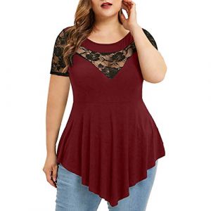 Tee Shirt Femme Manches Courtes Dentelle Grande Taille Tee-Shirt Col V Femme Décontracté Basique Streetwear Outdoor Vêtements Chemise Pas Cher Large Tshirt Personnalisé Femme 02 Rouge XXL (TOFOTL✈8-21 Jours Arrivent, neuf)