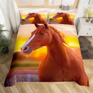 Parure de lit imprimé Cheval 3D Animaux Housse de Couette garçon Fille Cheval Housse de Couette 200x200 avec 2 taie d'oreiller Enfants Adolescents Marron Cheval Housse de Couette Microfibre (Bofanshangmao, neuf)