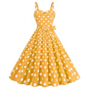 Robe Année 60 Femme Sexy Col V sans Manche Retro Robe Style 1950's Audrey Hepburn Rockabilly Elegante Polka Dot Trapèze Vintage Robes Swing Robe De Bal Fête Cérémonie Mi Longue (Lieyxfaye, neuf)