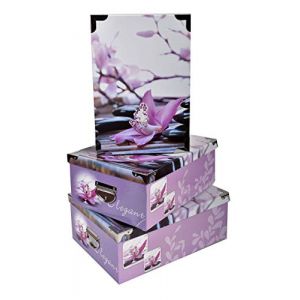 2.J. Orchidée, Lot De 3 Grandes Boîtes De Rangement Gigognes avec Couvercle empilable en Carton Imprimé Décor Galet, avec Angles Et Poignées en Métal. T:Tailles: 38x26.5x14, 40x28.5x15, 42x30x16 cm (kdo dco, neuf)