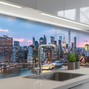 KitchenYeah© Credence Cuisine Adhesive 80x300 cm Protege Mur Revetement Mural Adhesif Parement Interieur À Coller Plaque Plastique Rigide New York - Skyline - Brooklyn - Bridge (KitchenYeah, neuf)