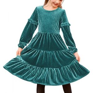 Arshiner Robe pour Fille en Velours Turquoise - Robe de Noël pour Enfants - Manches Longues - Robe de fête d'automne - Robe d'hiver - Robe de Princesse - Robe de soirée avec Poche - Taille 12-13 Ans (Arshiner Store, neuf)