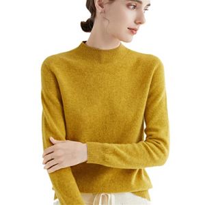 Pull 100 % laine mérinos prêt à porter pour femme col montant uni, jaune moutarde, XL (yueyudian, neuf)