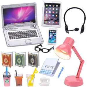 Pipihome 15 Pcs Miniature Dollhouse Accessories Ordinateur Portable Tablette T&eacute;l&eacute;phone Lampe Livre Lunettes Caf&eacute; Casque Simulation Accessoires pour Maison de Poup&eacute;e, Miniatures, Sc&egrave;ne d'ordinateur (A) (muyushiye, neuf)