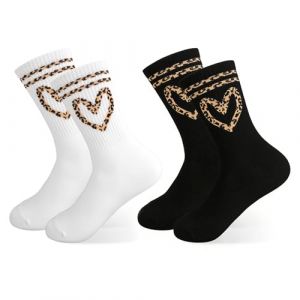 BelleFlair 2 paires de chaussettes de tennis pour femmes avec c&oelig;ur l&eacute;opard (36-42), longues chaussettes de sport l&eacute;opard avec rayures, chaussettes en coton &eacute;l&eacute;gantes pour femmes et adolescentes (XiAnZhengFangShangMaoYouXianGongSi, neuf)