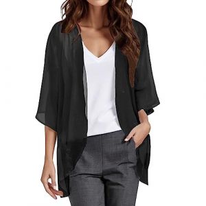 Cardigan Mousseline Boléro Femme Court Soie Gilet Été Chic et Elegant 3/4 à Manches Évasées Boléro Veste Léger Plage Châle pour Robe T Shirt Décontracté Soirée Cérémonie Cardigan Manches Longues (UoUa1245, neuf)