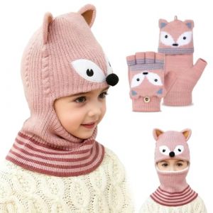Cagoule Enfants Filles & Mitaine, Renard Bonnet Cagoule Chaud d'hiver, Flip Top Gants Chaleur Hivernale, Chaudes Moufles Demi-Doigts, Tricot&eacute;s Gants sans Doigts pour Gar&ccedil;ons Filles 5-10 Ans Rose (Zhangli Store, neuf)