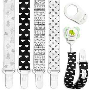 Pacifier Clips - 4 Pack Set of Unique Modern Design in Black and White. Binky Clip Fits All Pacifiers/Soothers. Unisex for Boys and Girls Non-Toxic Teether Holder - Perfect Baby Shower (Nacnic, neuf)