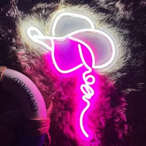 Chapeau de cowgirl n&eacute;on LED super lumineux en acrylique &agrave; intensit&eacute; variable pour vitrine de magasin, bar &agrave; bi&egrave;re, bo&icirc;te de nuit, cadeau d'ouverture (chapeau de cowgirl rose) (VVKOWSG, neuf)