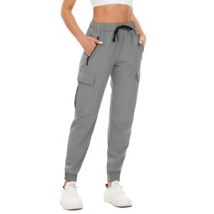 FANGJIN Pantalon Femme Taille Haute Jogging Séchage Rapide Cargo Été Chino Bande Élastique Yoga Pants Sport Crayon Jogging Carotte Multipoche Gris Clair XXL (FANGJINDOU, neuf)