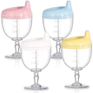 Goaste Lot de 4 Gobelets anti-fuite pour tout-petits, 200 ml Gobelet en plastique sans d&eacute;versement en forme de verre &agrave; vin, joli mug pour b&eacute;b&eacute; pour boissons, bouteille de lait avec couvercle pour (shuangshuang188, neuf)
