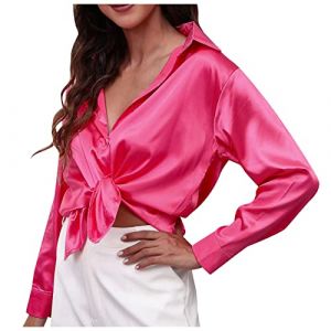 Chemisier Femme Ete, Satin Chemisiers Blouses Femme Manches Longues Col en V Chemise Chic &Eacute;l&eacute;gante Casual Soie Shirts Tops Hauts,Rose Vif,L,F47S (Routefuture, neuf)
