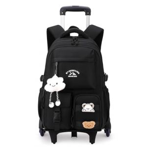 Tanou Cartable a Roulette Fille, 30L Sac Dos Roulettes pour d'&eacute;cole Primaire et Coll&egrave;ge, Amovible Trolley Sac &agrave; Dos Scolaire D&eacute;contract&eacute; de Voyage avec 6 Roues, Noir (Tanou Bagages, neuf)