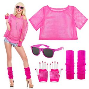 BOFUNX Kit Déguisement Femme des Années 80 Lunettes T-shirt en Filet Gants en Résille Jambières Disco Costume Fluo pour Carnaval Fêtes à Thème Halloween,Rose (A Mi A Mi Hong, neuf)