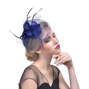 Bibi pour femme - En filet &agrave; plumes - Style r&eacute;tro - Chapeau de fleurs - Bandes en maille - Plumes sur un bandeau - Pour carnaval, mariage, bal de fin d'ann&eacute;e (bleu marine, taille unique) (jksmyx, neuf)