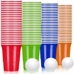 Latern 100 Pi&egrave;ces Gobelets en Plastique R&eacute;utilisables, 480ml Tasses &agrave; Bi&egrave;re-Pong Coupe, 25 Rouge, 25 Bleu, 25 Vert, 25 Orange, 10 Jeux de Balles de Ping-Pong pour F&ecirc;te (QINGJIN-EU, neuf)