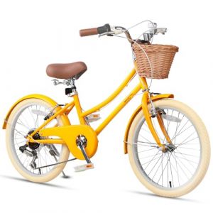 Glerc Missy 20" Pouces Fille Cruiser Enfants Vélo 6 Vitesses Teen Hybrid Vélo de Ville pour Jeunes âge 6 7 8 9 10 11 12 Ans avec Panier en Osier & Poids léger,Jaune (BikeJune-EU, neuf)