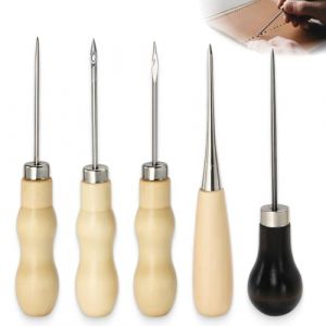 5 pi&egrave;ces al&egrave;nes pour cuir avec manche en bois, al&egrave;ne pour couture, ensemble d'aiguilles pour percer, poin&ccedil;onner, travaux manuels DIY, r&eacute;paration du cuir et des chaussures (Icyowls Direct, neuf)