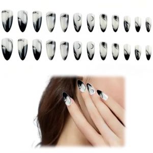 SIVZUMO Lot de 24 faux ongles &agrave; coller - Motif lune, Faux ongles avec colle noir (WANG BB, neuf)