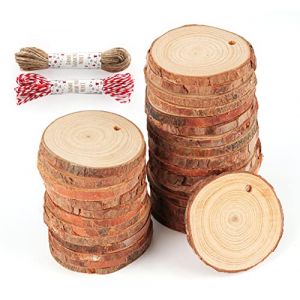 ilauke 60Pcs Bois Rond 4-5cm,Petit Rondin de Bois avec Trou et 20m Corde de Jute Naturelle,Tranches de Bois Naturel pour Décoration Arbre de Noël,Pyrogravure,Dessous de Verre Bois,Marque Place Mariage (MiGE shop, neuf)